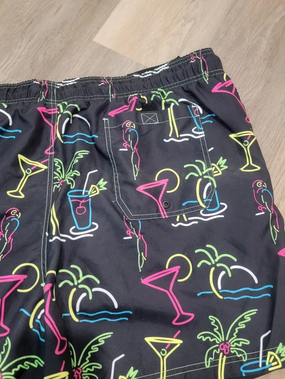 George Big & Tall Sz 3XL Black w/Neon Tropical Drink Printed Swim Trunks